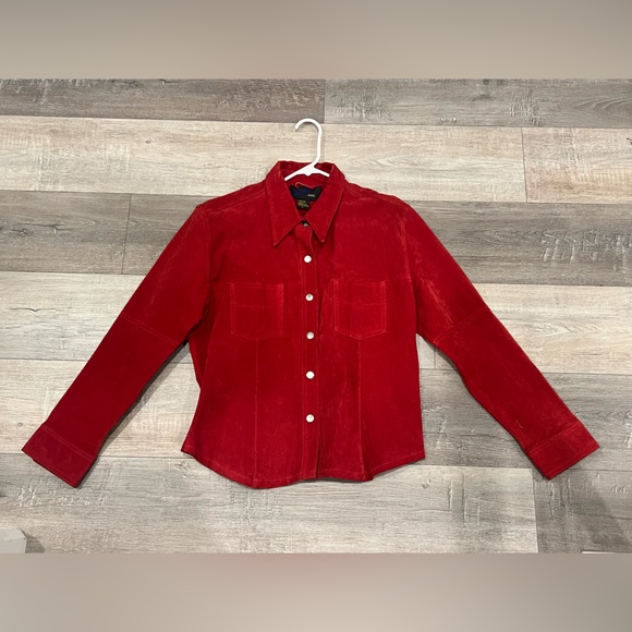 🍒 90s Vintage JouJou Skins Red Suede Leather Shacket Western Y2K L - Picture 6 of 14